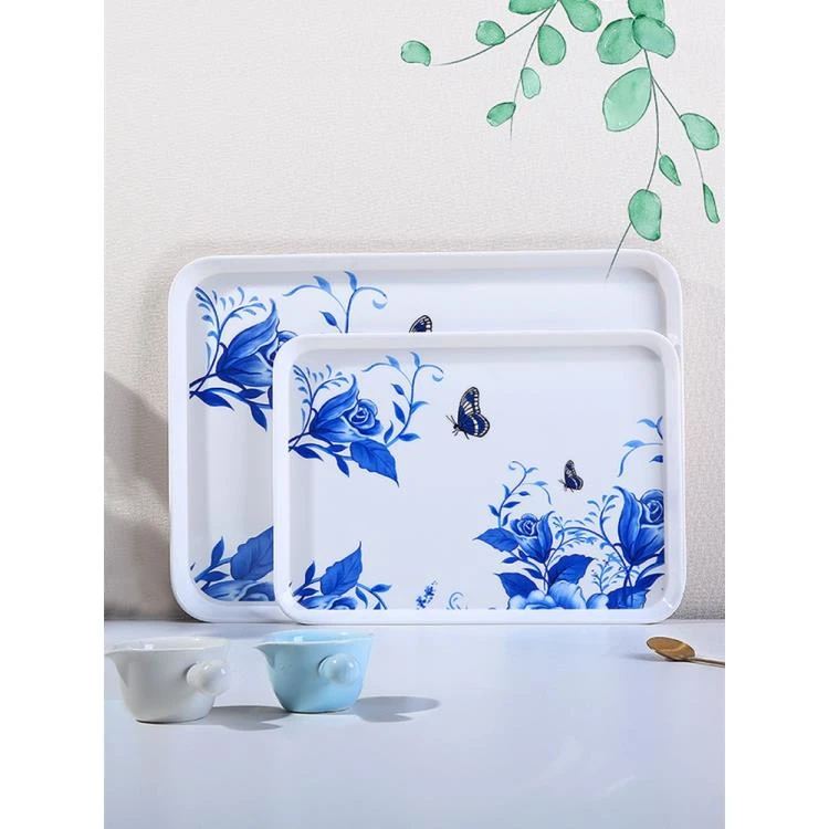 中国风青花塑料密胺长方形家用托盘茶盘水杯托盘水放杯子创意