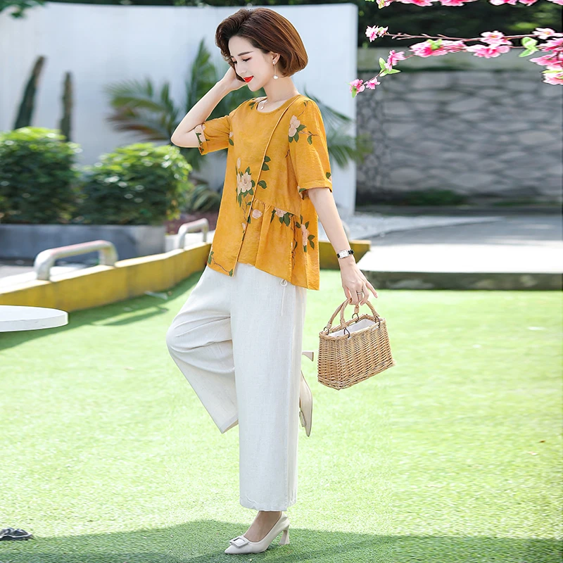 中年妈妈夏装套装洋气新款上衣中老年女装时尚短袖老太太洋气衣服