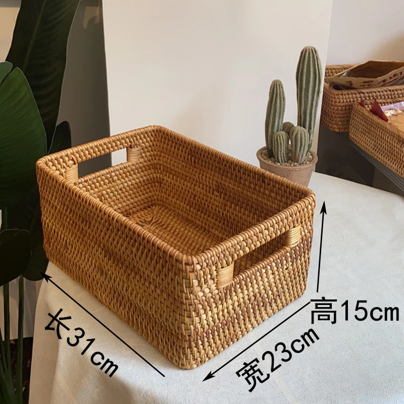 越南藤编38*28*18方形圆角手提收纳筐长款手工编织客厅储物筐玩具