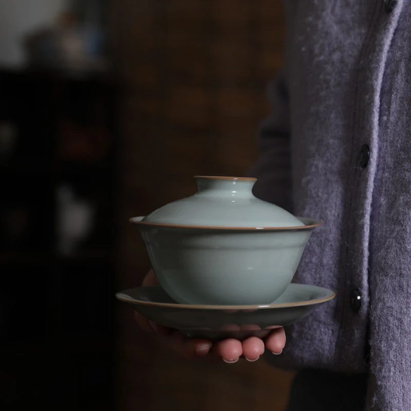 泥元素陶瓷茶具汝瓷开片三才盖碗复古风细腻油润可养茶线140ml