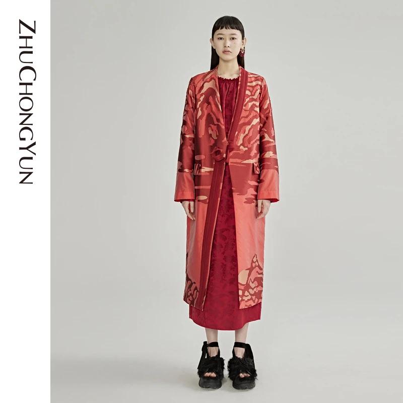 ZHUCHONGYUN红色设计师时尚中式印花女士外套气质C1AY31468