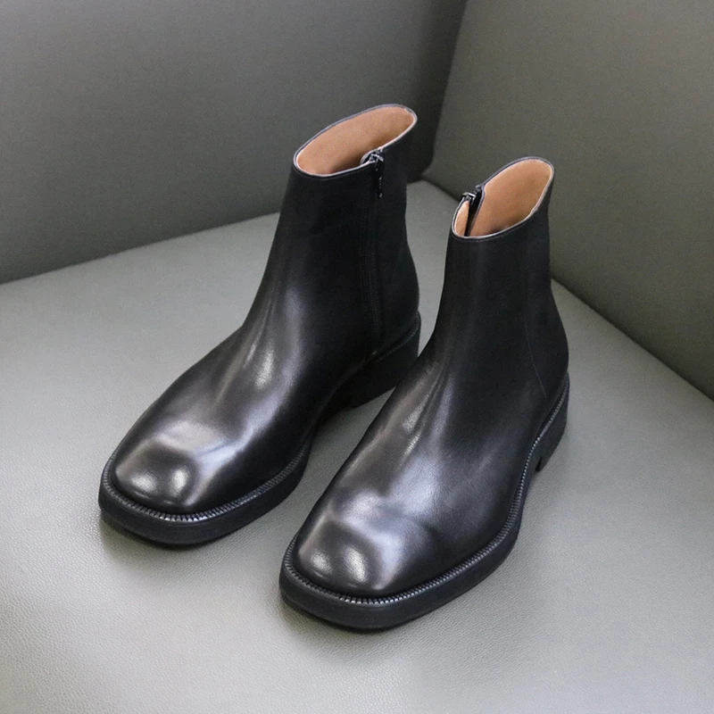 英伦潮流真皮靴拉链短靴男士高帮中筒方头马丁休闲黑色切尔西靴子
