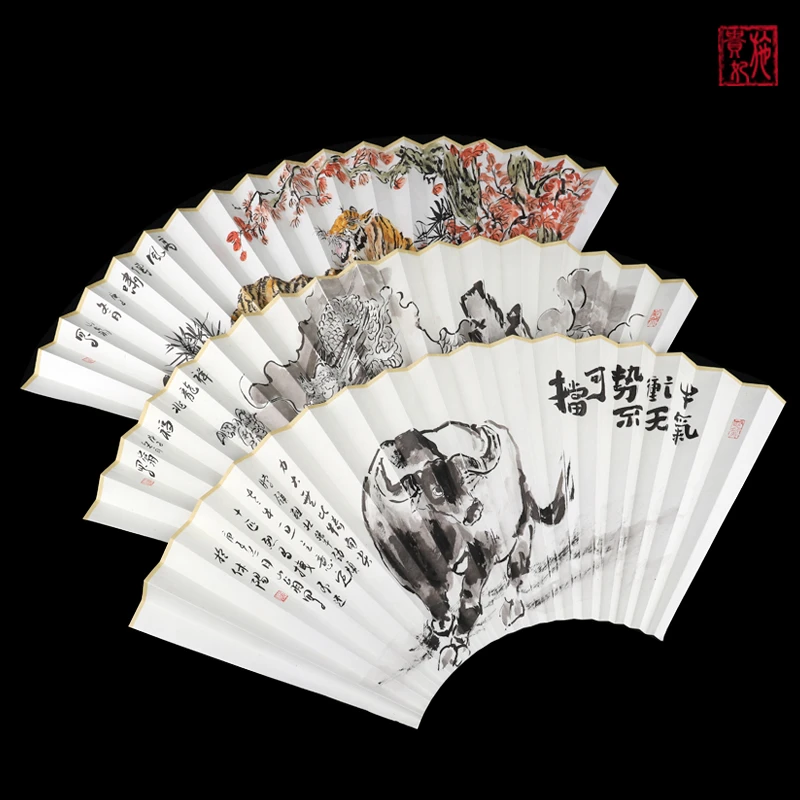 生肖龙虎牛手绘水墨画苏工熟宣书画宣纸扇面9/95寸文玩折扇