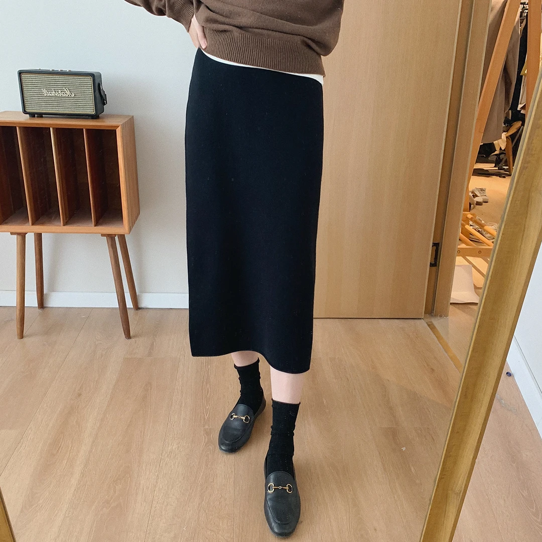 BQ1656秋冬新款高腰黑色包臀针织半身裙中长款百搭直筒裙子时尚