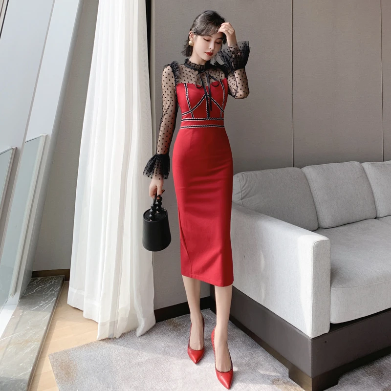 3545礼服裙秋装韩版女装气质波点网纱抹胸式拼接喇叭袖连衣裙