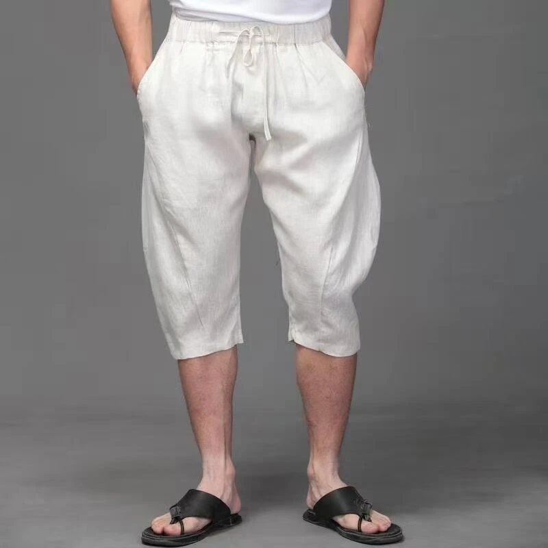 2025夏季新款男士亚麻七分裤宽松百搭舒适透气休闲裤纯色薄款裤子