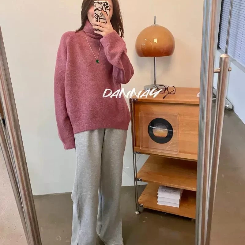 韩版套头女士毛衣慵懒风宽松新款设计感高领针织衫上衣8509