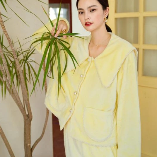 AUDREYWANG原创珍珠扣公主翻领珊瑚绒家居服套装6285