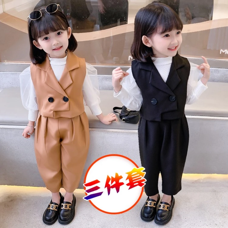 新款秋季韩版洋气西服马甲三件套2024春秋时尚西装女小童时髦套装