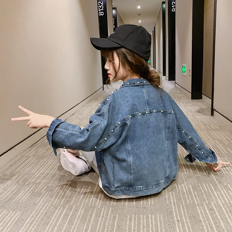 女童秋装牛仔衣中大童儿童小女孩洋气重工款钉珠牛仔外套 DX03382