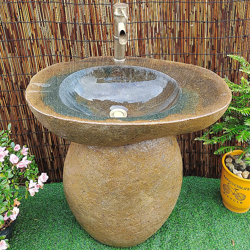 鹅卵石洗手盆户外石头庭院原大理石水池花园复古艺术阳台上洗脸盆