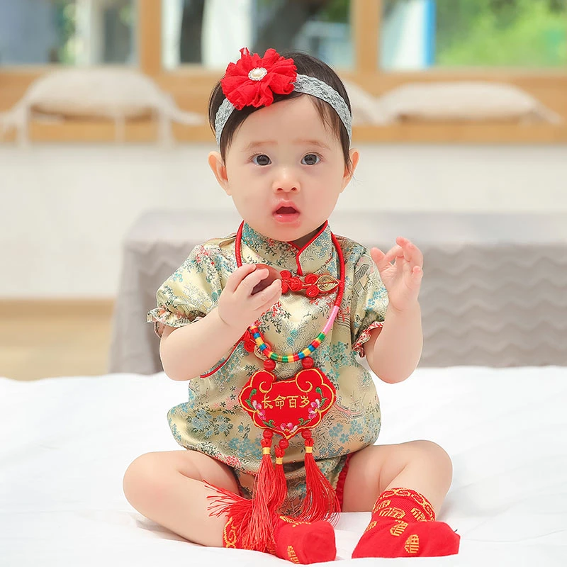 百天婴儿唐装夏季女中国风连体旗袍哈包屁衣满月可爱拍照衣服国潮