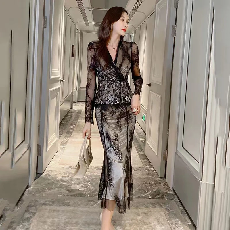 【又见人鱼姬】蕾丝网纱两件套气质时尚套装高端显瘦名媛碎花女神