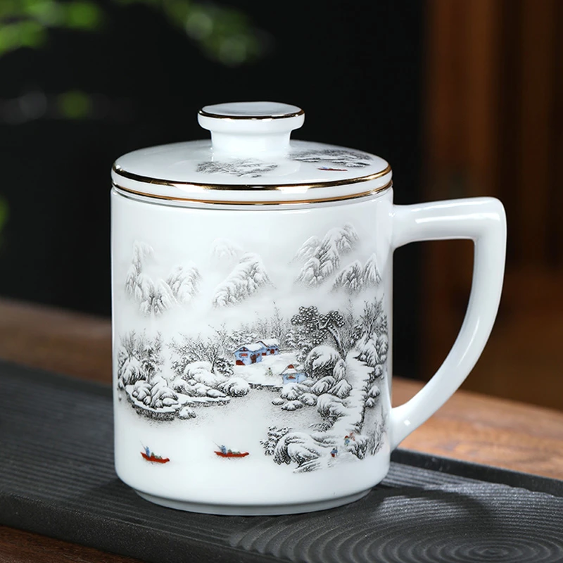 景德镇陶瓷茶杯个人泡茶杯子办公室茶水分离陶瓷水杯带过滤400ml