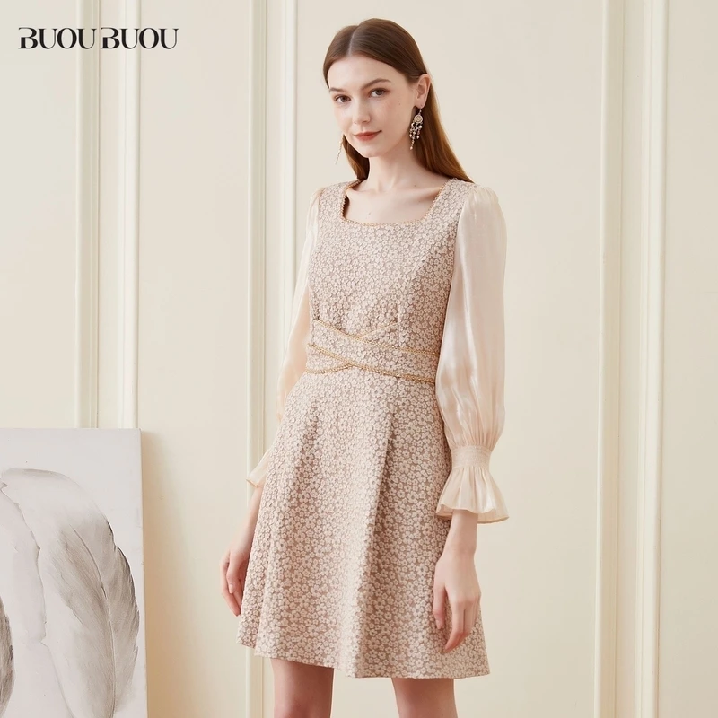 BuouBuou优雅方领印花泡泡袖提花连衣裙DI1G802