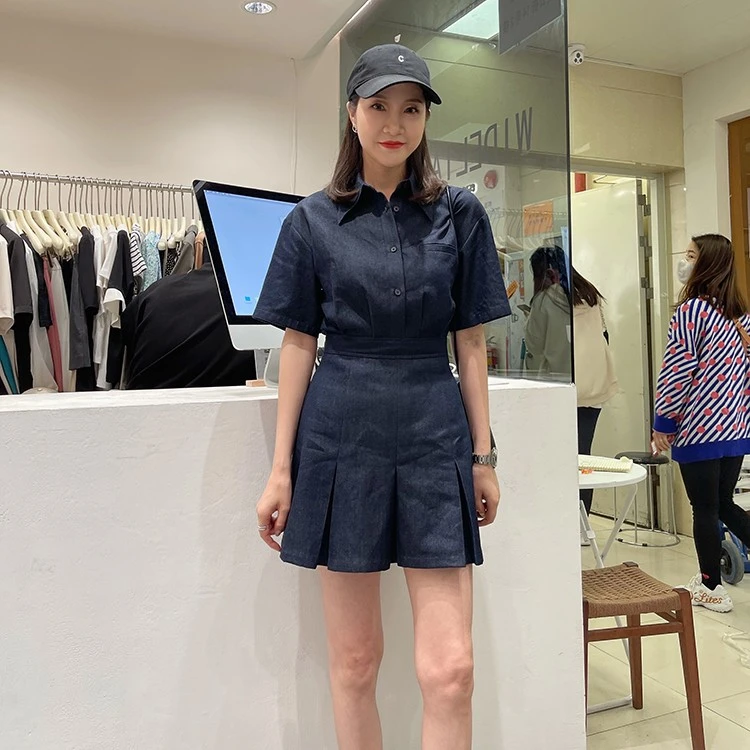 widelia陈姬儿春季复古做旧深蓝色牛仔连体裙收腰显瘦牛仔裙7359