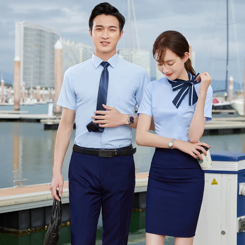 蓝色短袖衬衫女2025夏季职业男女同款工作服正装衬衣时尚气质088