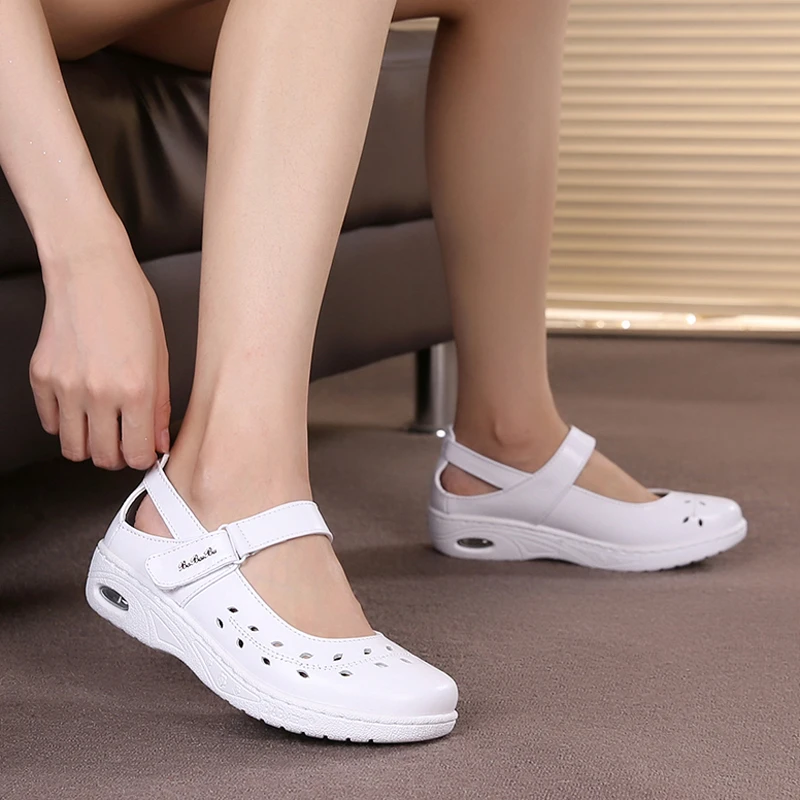 吧佰布夏季牛皮护士鞋女白色坡跟镂空透气防滑医护低帮凉鞋不累脚