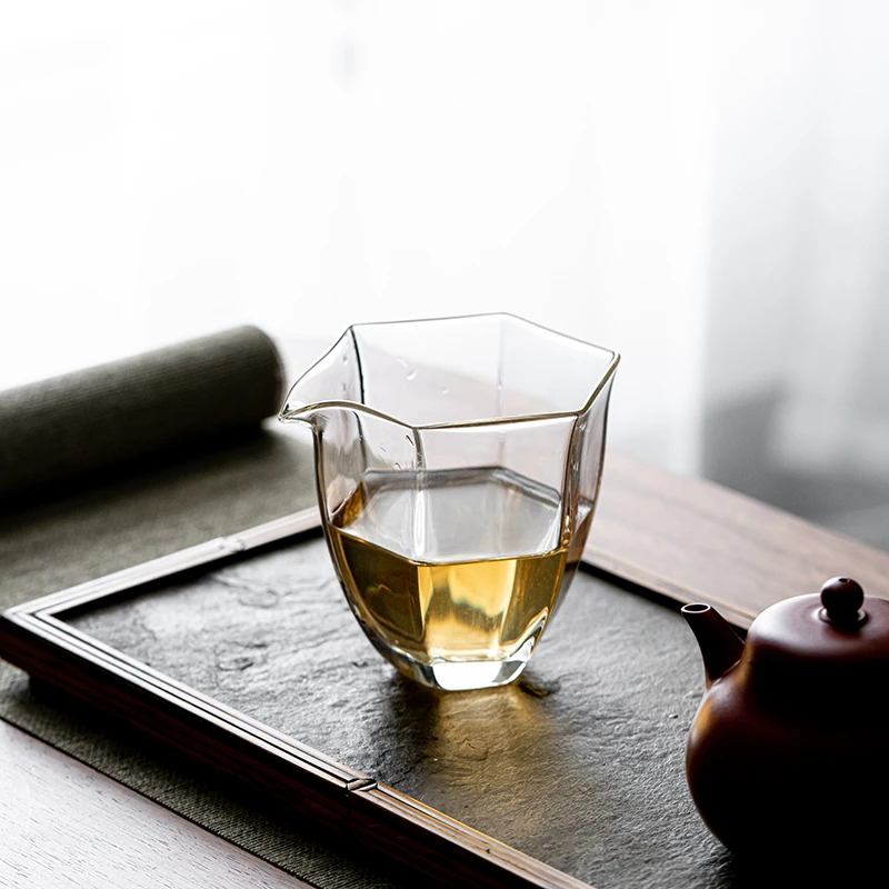 日式耐热玻璃公道杯高档六棱透明分茶器高硼硅玻璃茶海六角公道杯