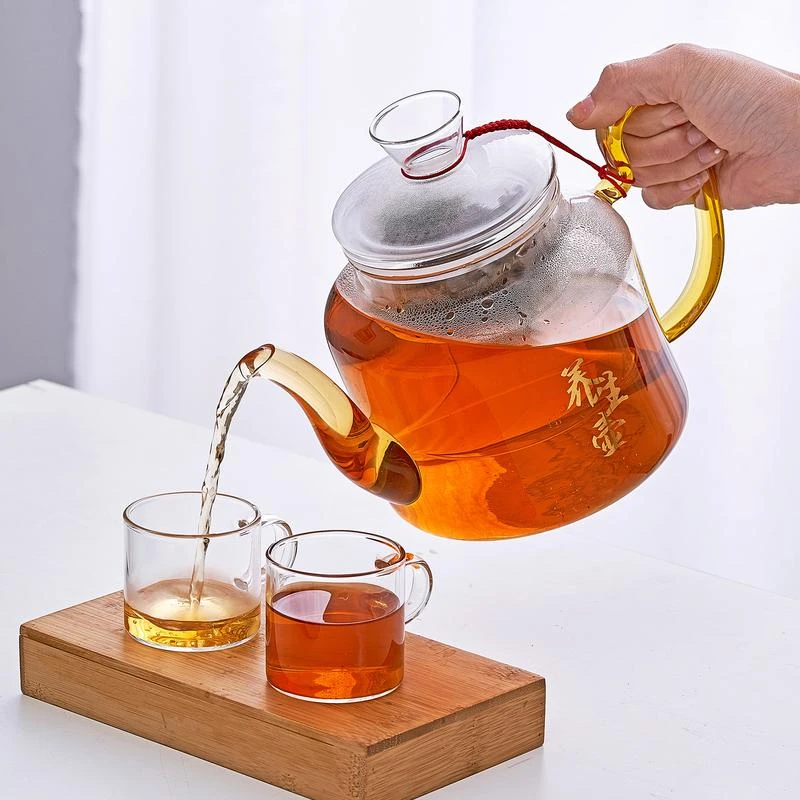 耐热琥珀色手把玻璃蒸茶壶古法玻璃茶壶家用办公养生壶蒸汽煮茶壶