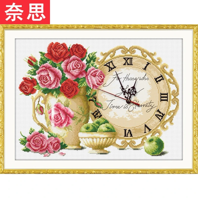 十字绣带钟表2025新款线绣时钟简单小型小件时间客厅小幅卧室2023