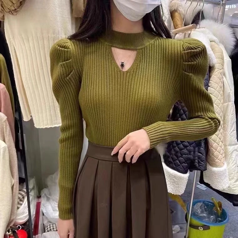 半高领镂空泡泡袖针织衫女减龄洋气显瘦百搭毛衣内搭修身长袖上衣