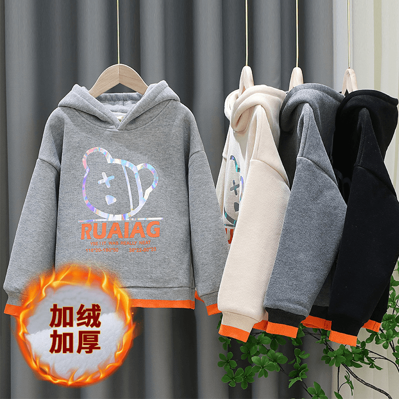 冬款一体绒加绒加厚卫衣男童女童同款童装潮范时尚保暖上衣