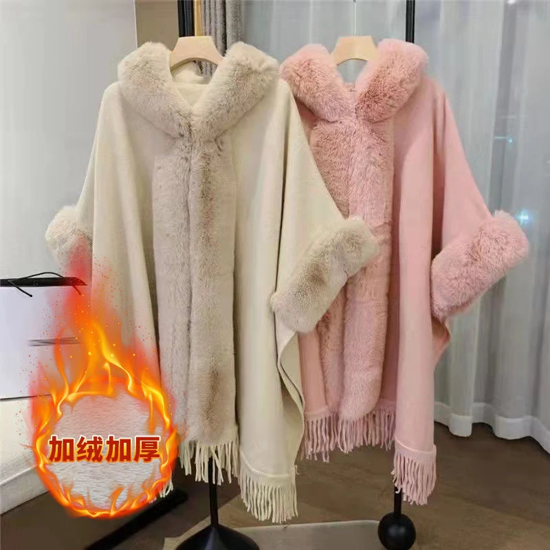 网红直播秋冬加绒加厚毛毛外套连帽流苏中长款针织披肩斗篷披风冬