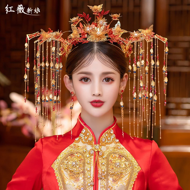 新娘秀禾头饰中式结婚凤冠大气流苏古装红色秀禾服龙凤褂配饰新款