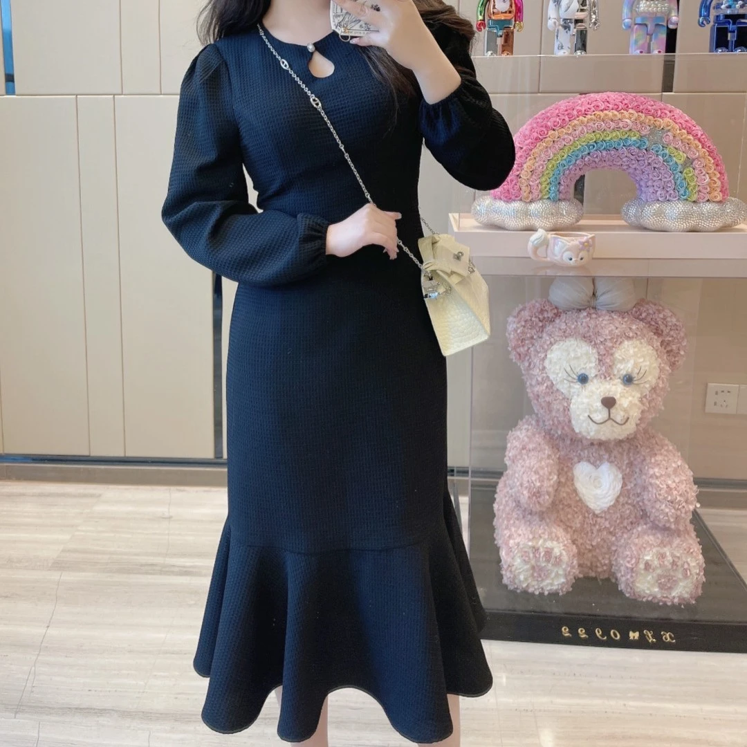 微胖大码春季包臀显瘦女装连衣裙气质长袖针织时尚收腰修身名媛