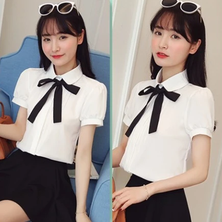 小个子夏季娃娃领职业衬衫女短袖上衣面试上班工作服宽松衬衣夏天