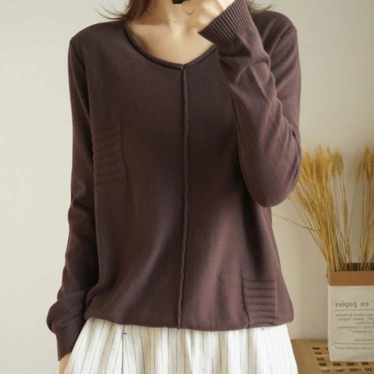 纯棉针织假兜长袖宽松大码百搭打底衫长袖针织衫显瘦短款纯色套头