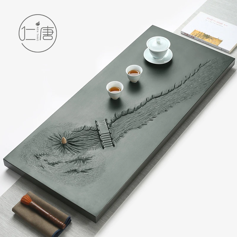 仁唐天然天罗绿茶盘手工雕刻石头茶台高端茶室家用办公小桥流水
