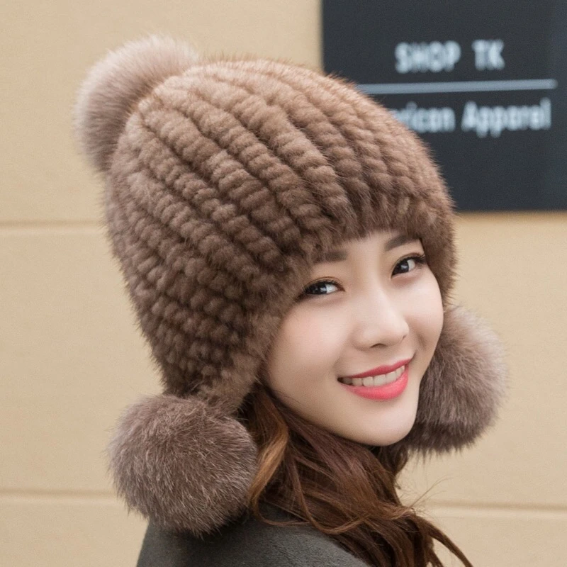 进口水貂毛帽子三球狐狸毛球