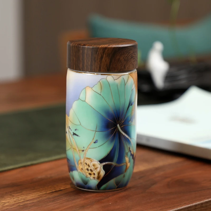 成艺 荷悦双层陶瓷保温杯 办公闷泡暖手杯 家用带盖泡茶杯礼盒装