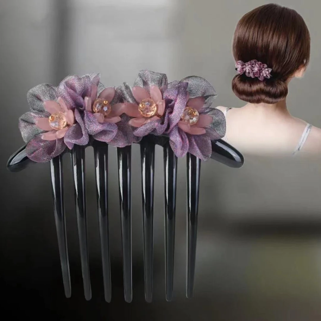 花朵绢纱发卡发插七齿盘发丸子头插梳简约
