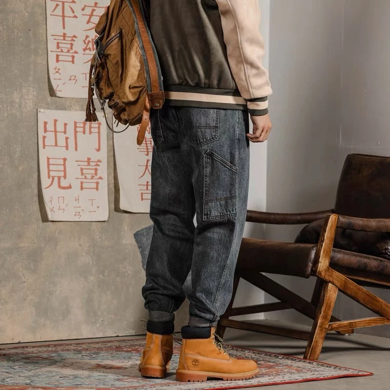 黎达浪高端复古水洗心机侧袋男士牛仔裤宽松小直筒微锥版秋季长裤