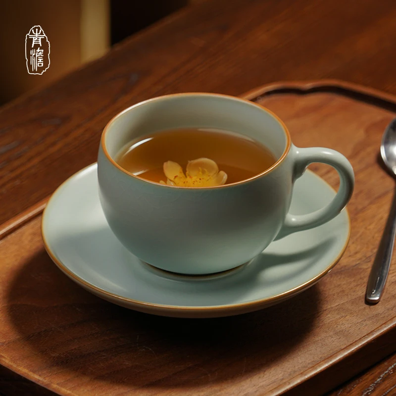汝窑玲珑杯175ml咖啡杯复古景德镇手工陶瓷下午茶杯碟套装家用