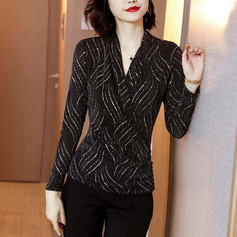 193216高端定制烫金印花加绒保暖收腰打底衫长袖V领大码女装上衣