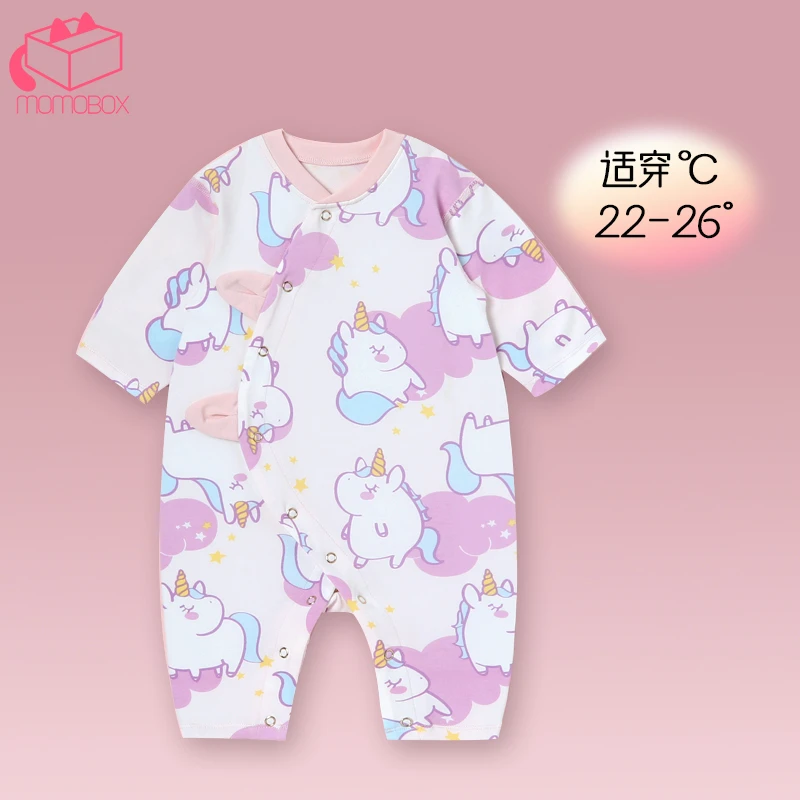 MOMOBOX彩虹马&独角兽婴幼儿春秋纯棉薄款偏襟连体睡衣连身衣