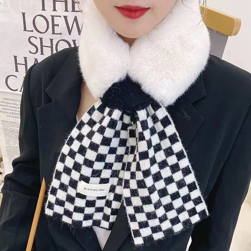 黑白棋盘格围巾女冬季毛毛围脖保暖护颈假领子仿獭兔毛绒针织韩版