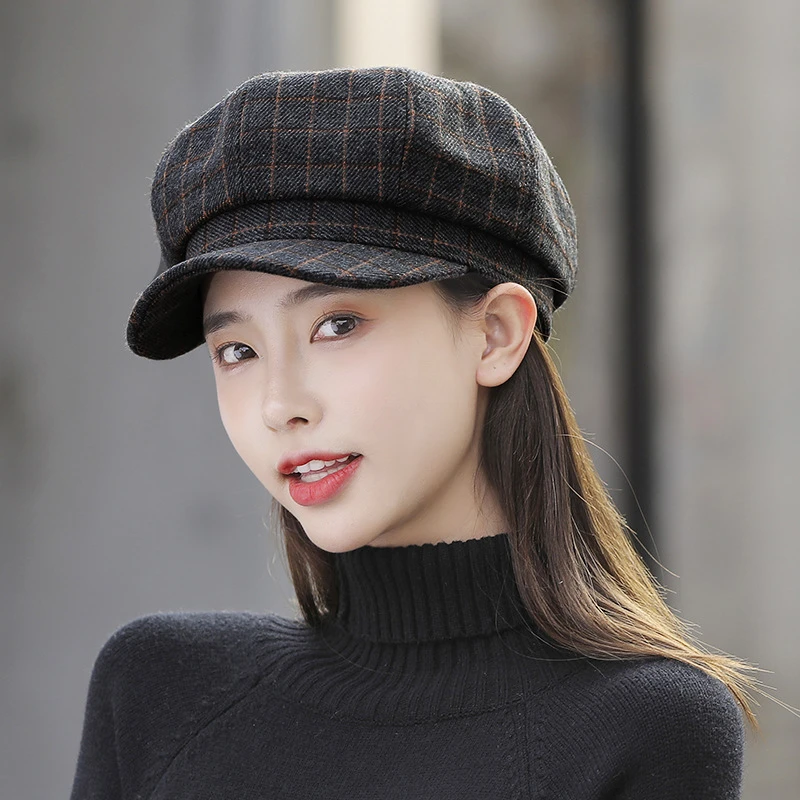 棒球帽女春秋英伦复古八角帽子韩版潮街拍格子报童画家秋冬蓓蕾帽