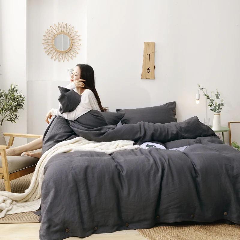 【法国亚麻四件套】法国雨露麻纯色水洗亚麻被套枕套床单北欧简约