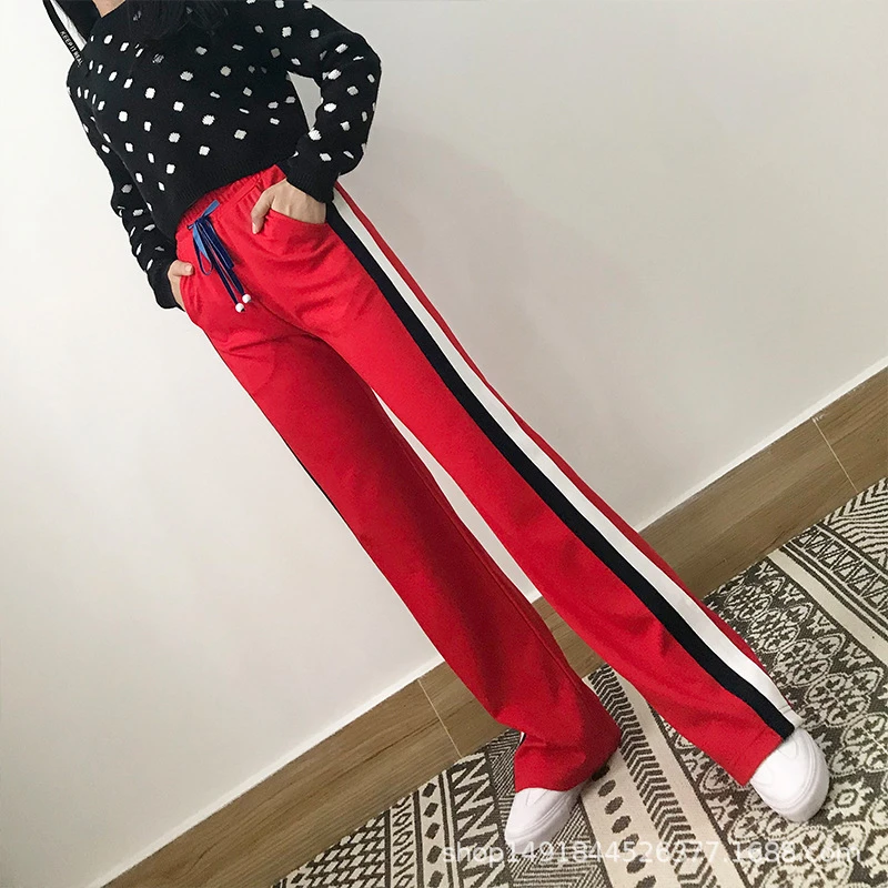 8516春秋季宽松坠感阔腿裤女时尚直筒条纹休闲百搭广场舞长裤红色