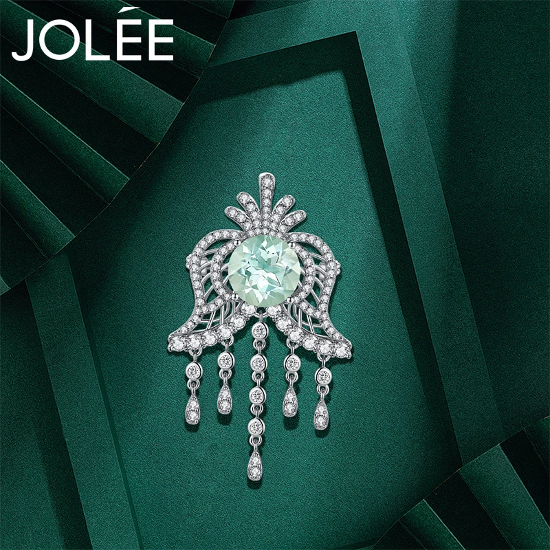 Jolee胸针女绿水晶胸花S925银流苏两用款项坠毛衣链送女生礼物