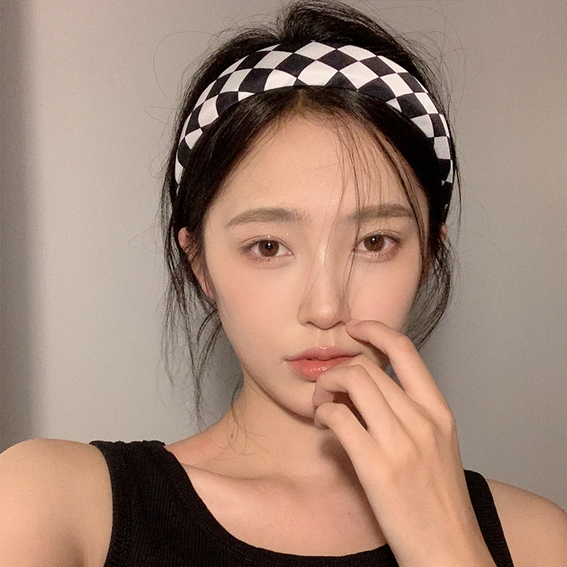 布艺发饰 黑白棋盘格发箍复古高级宽边头箍少女气质外出百搭发卡