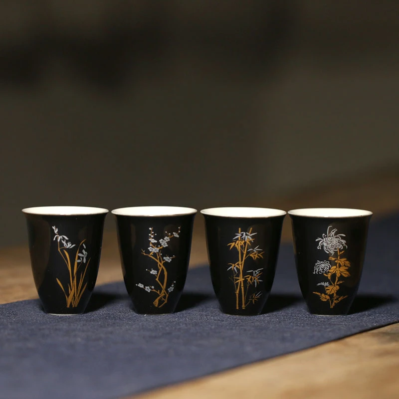问瓷斋慕尼黑杯品茗杯主人杯高雅黑色家用闻香杯陶瓷梅兰竹菊茶杯
