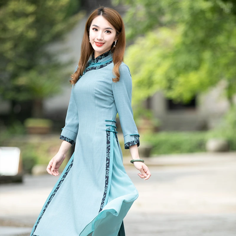如意风改良旗袍新款连衣裙越南奥黛长款复古日常旗袍裙 R071