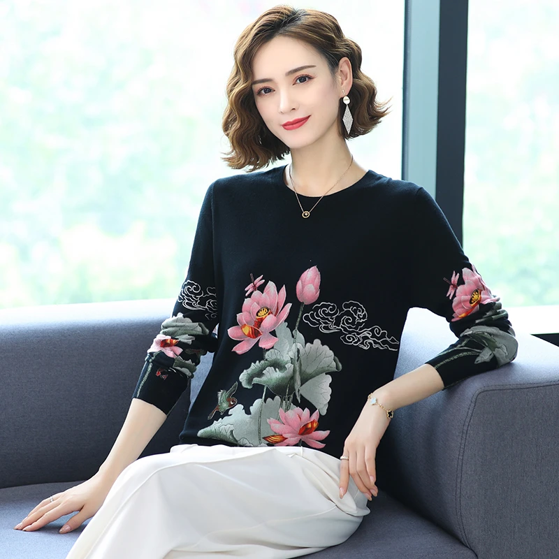 2021高端时尚薄针织中年女士套头衫宽松短款毛针织969