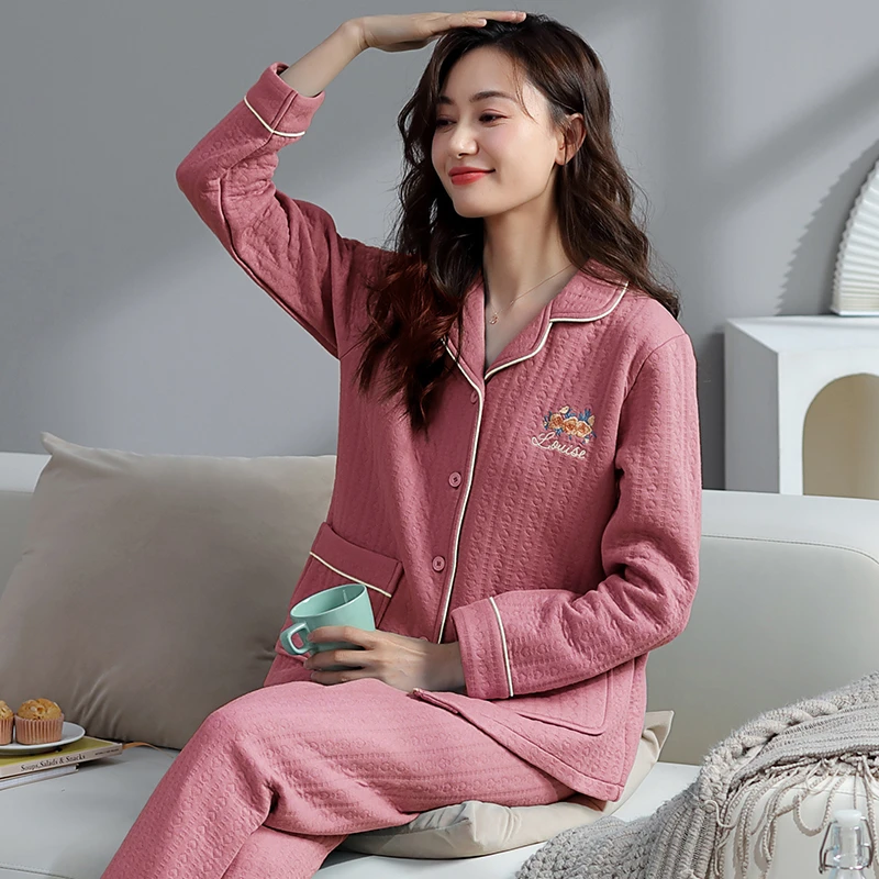 睡衣女士秋冬季长袖夹层棉加厚保暖纯棉薄夹棉中年妈妈家居服套装